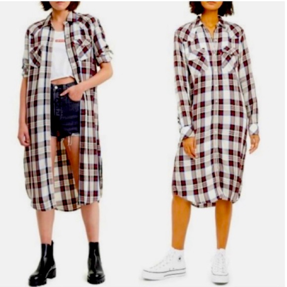 LEVI’S flannel dress/duster in white plaid western cut-Ladies Large - Picture 1 of 7